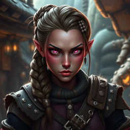 A female D&D dwarf character with dark pink skin, rustic aesthetics, and striking pink eyes