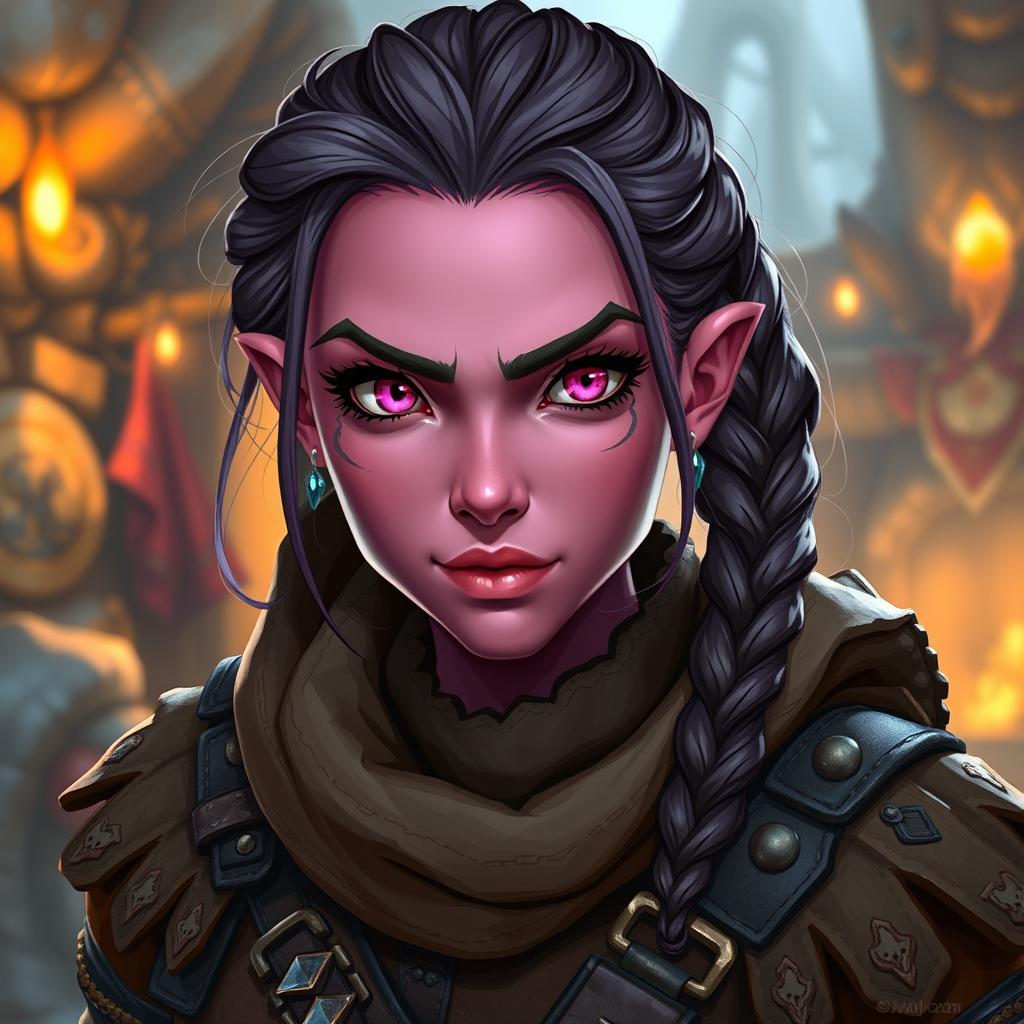 A female D&D dwarf character with dark pink skin, rustic aesthetics, and striking pink eyes