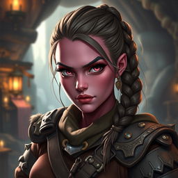 A female D&D dwarf character with dark pink skin, rustic aesthetics, and striking pink eyes