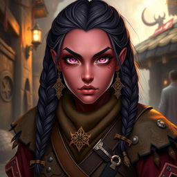 A female D&D dwarf character with dark pink skin, rustic aesthetics, and striking pink eyes