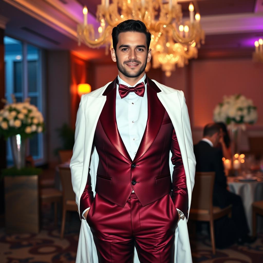 A man wearing an elegant burgundy tuxedo with a shiny, tailored fit, complemented by a long white doctor's coat draped over his shoulders