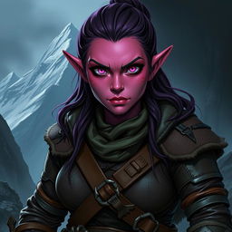 A female Dungeons & Dragons dwarf character with striking dark pink skin and vibrant pink eyes