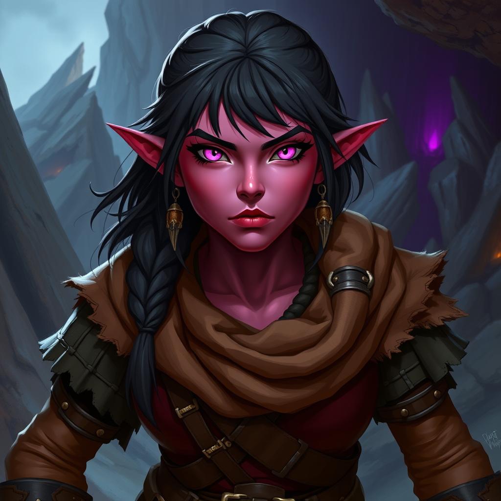 A female Dungeons & Dragons dwarf character with striking dark pink skin and vibrant pink eyes