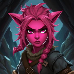A female Dungeons & Dragons dwarf character with striking dark pink skin and vibrant pink eyes