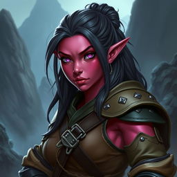 A female Dungeons & Dragons dwarf character with striking dark pink skin and vibrant pink eyes