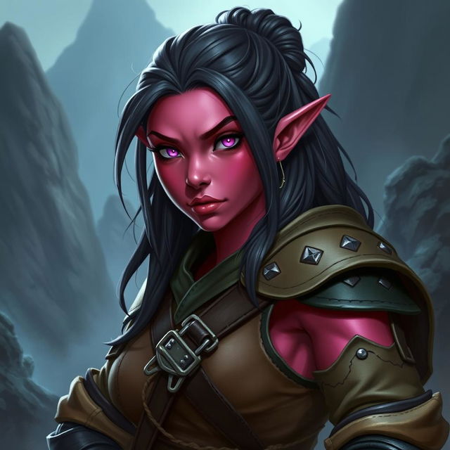 A female Dungeons & Dragons dwarf character with striking dark pink skin and vibrant pink eyes