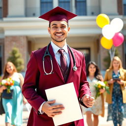 A proud medical graduate, male, wearing a rich burgundy suit, holding a diploma in one hand and a stethoscope in the other, standing in front of a university building with a smiling face, graduation cap on his head, surrounded by joyful friends and family, balloons and flowers in the background, bright sunny day, capturing a moment of achievement and celebration