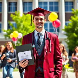 A proud medical graduate, male, wearing a rich burgundy suit, holding a diploma in one hand and a stethoscope in the other, standing in front of a university building with a smiling face, graduation cap on his head, surrounded by joyful friends and family, balloons and flowers in the background, bright sunny day, capturing a moment of achievement and celebration