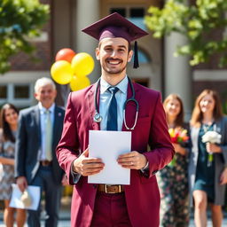 A proud medical graduate, male, wearing a rich burgundy suit, holding a diploma in one hand and a stethoscope in the other, standing in front of a university building with a smiling face, graduation cap on his head, surrounded by joyful friends and family, balloons and flowers in the background, bright sunny day, capturing a moment of achievement and celebration