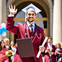 A proud medical graduate, male, wearing a rich burgundy suit, holding a diploma in one hand and a stethoscope in the other, standing in front of a university building with a smiling face, graduation cap on his head, surrounded by joyful friends and family, balloons and flowers in the background, bright sunny day, capturing a moment of achievement and celebration