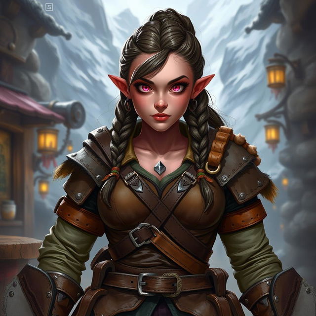 A strong female Dungeons & Dragons dwarf character with dark pink skin, vibrant pink eyes, and a determined expression