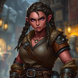 A strong female Dungeons & Dragons dwarf character with dark pink skin, vibrant pink eyes, and a determined expression