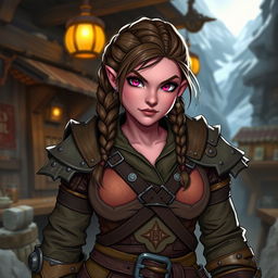 A strong female Dungeons & Dragons dwarf character with dark pink skin, vibrant pink eyes, and a determined expression