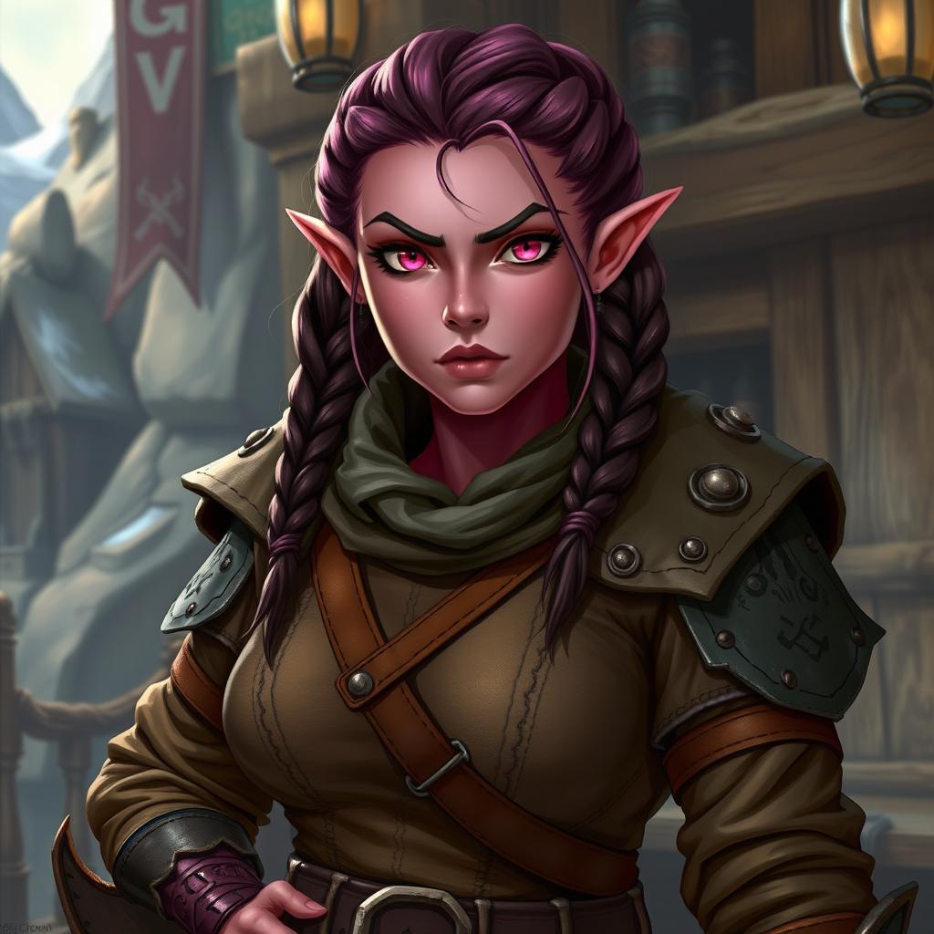 A strong female Dungeons & Dragons dwarf character with dark pink skin, vibrant pink eyes, and a determined expression