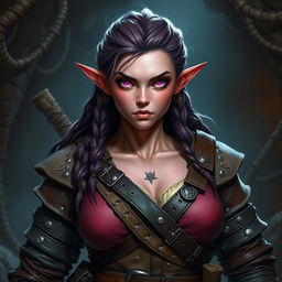 A strong female Dungeons & Dragons dwarf character with dark pink skin and striking pink eyes