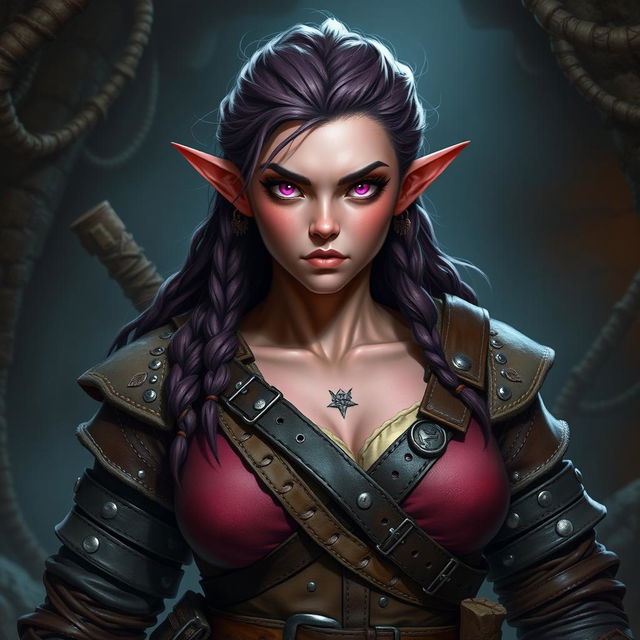 A strong female Dungeons & Dragons dwarf character with dark pink skin and striking pink eyes