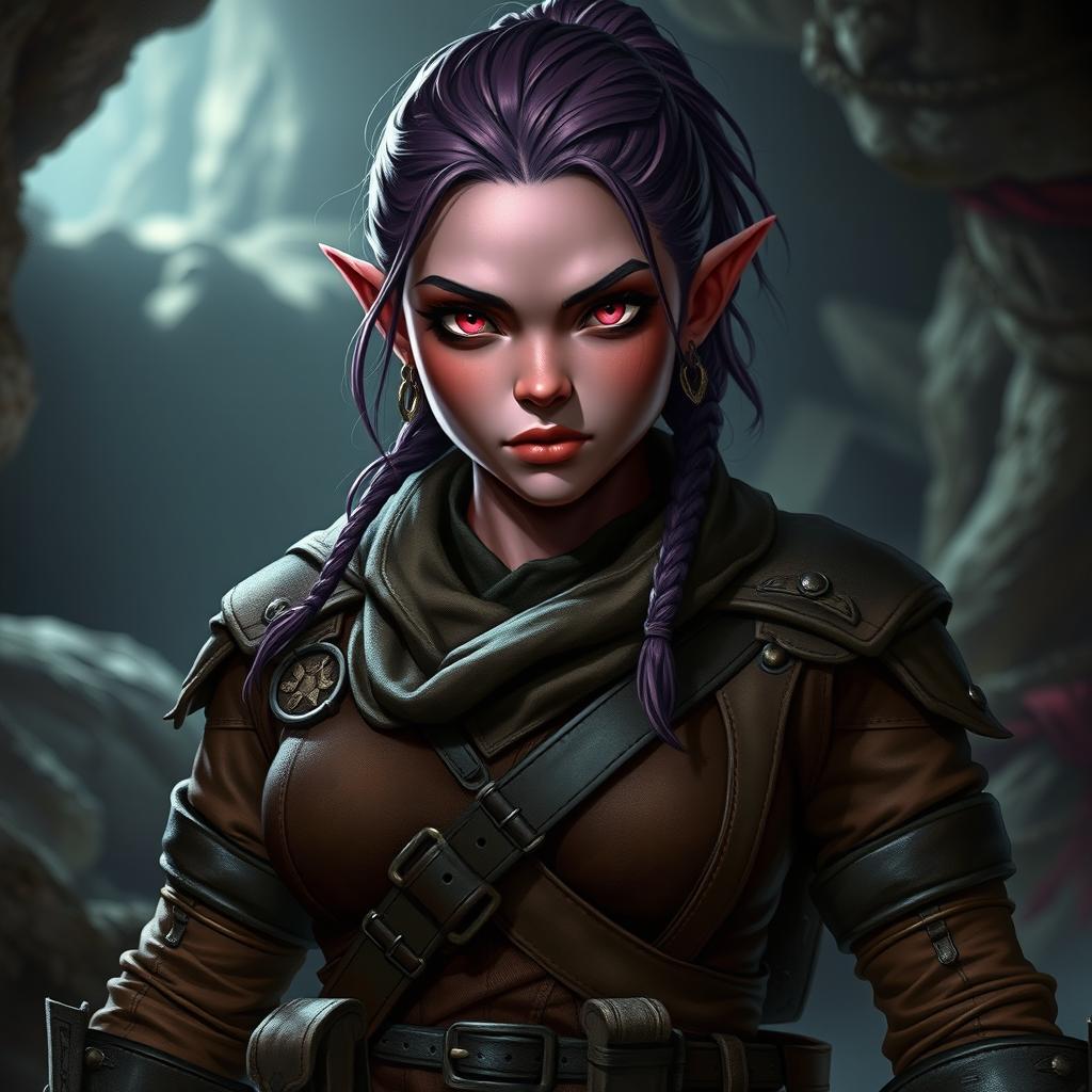 A strong female Dungeons & Dragons dwarf character with dark pink skin and striking pink eyes