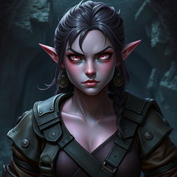 A strong female Dungeons & Dragons dwarf character with dark pink skin and striking pink eyes