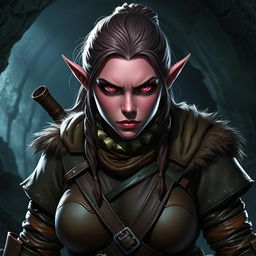 A strong female Dungeons & Dragons dwarf character with dark pink skin and striking pink eyes