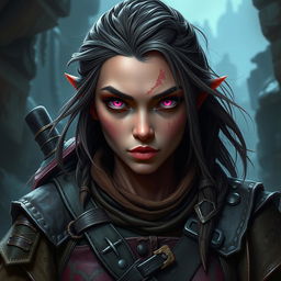 A female Dungeons and Dragons dwarf character with dark pink skin and striking pink eyes