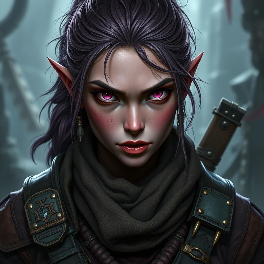 A female Dungeons and Dragons dwarf character with dark pink skin and striking pink eyes