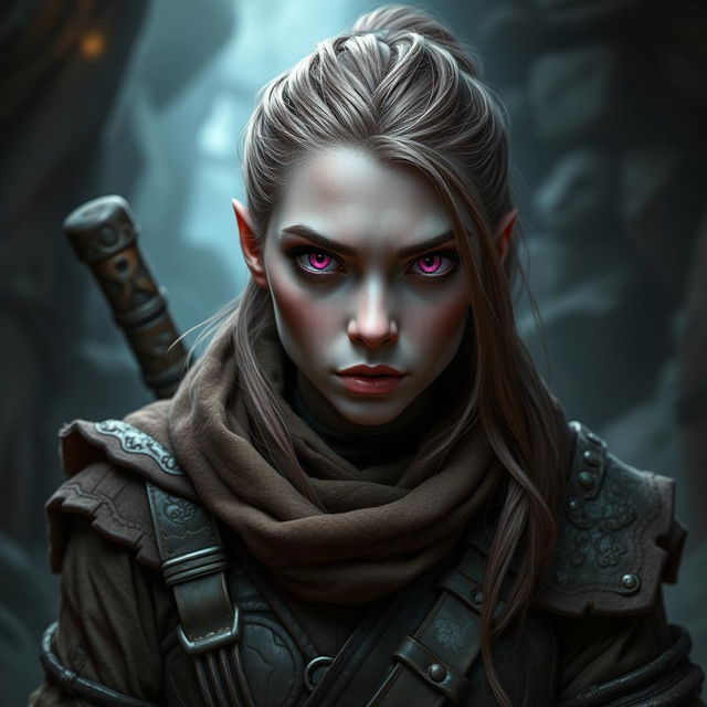 A female Dungeons and Dragons dwarf character with dark pink skin and striking pink eyes