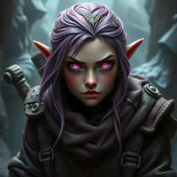 A female Dungeons and Dragons dwarf character with dark pink skin and striking pink eyes