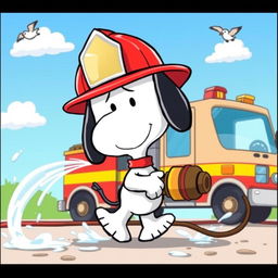 A charming cartoon scene featuring Snoopy dressed as a firefighter, complete with a classic fire helmet and a tiny firefighter outfit