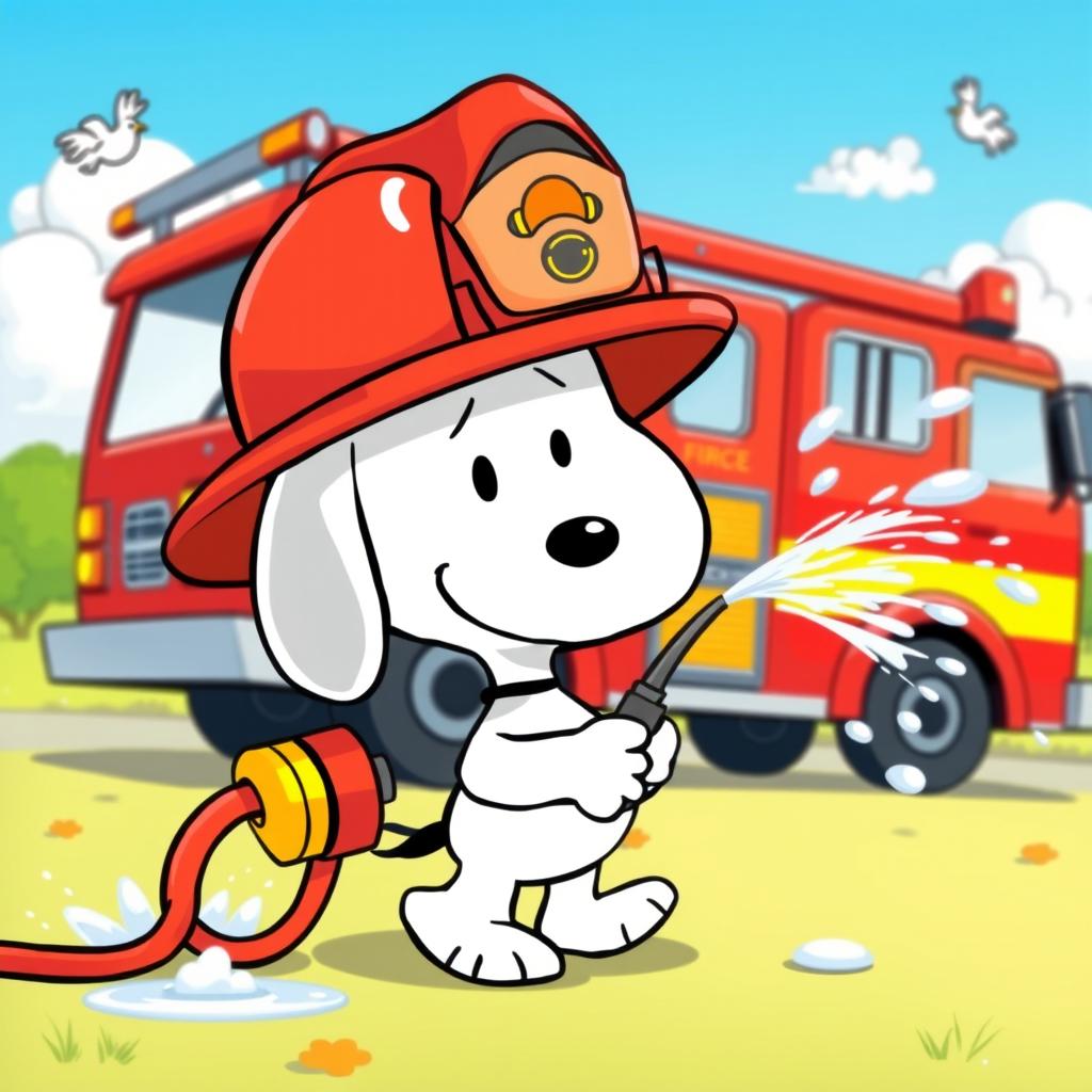 A charming cartoon scene featuring Snoopy dressed as a firefighter, complete with a classic fire helmet and a tiny firefighter outfit