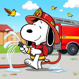A charming cartoon scene featuring Snoopy dressed as a firefighter, complete with a classic fire helmet and a tiny firefighter outfit