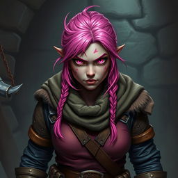 A strong female Dungeons & Dragons dwarf character with unique dark pink skin and vibrant pink hair
