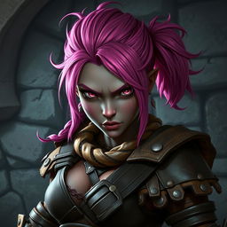 A strong female Dungeons & Dragons dwarf character with unique dark pink skin and vibrant pink hair