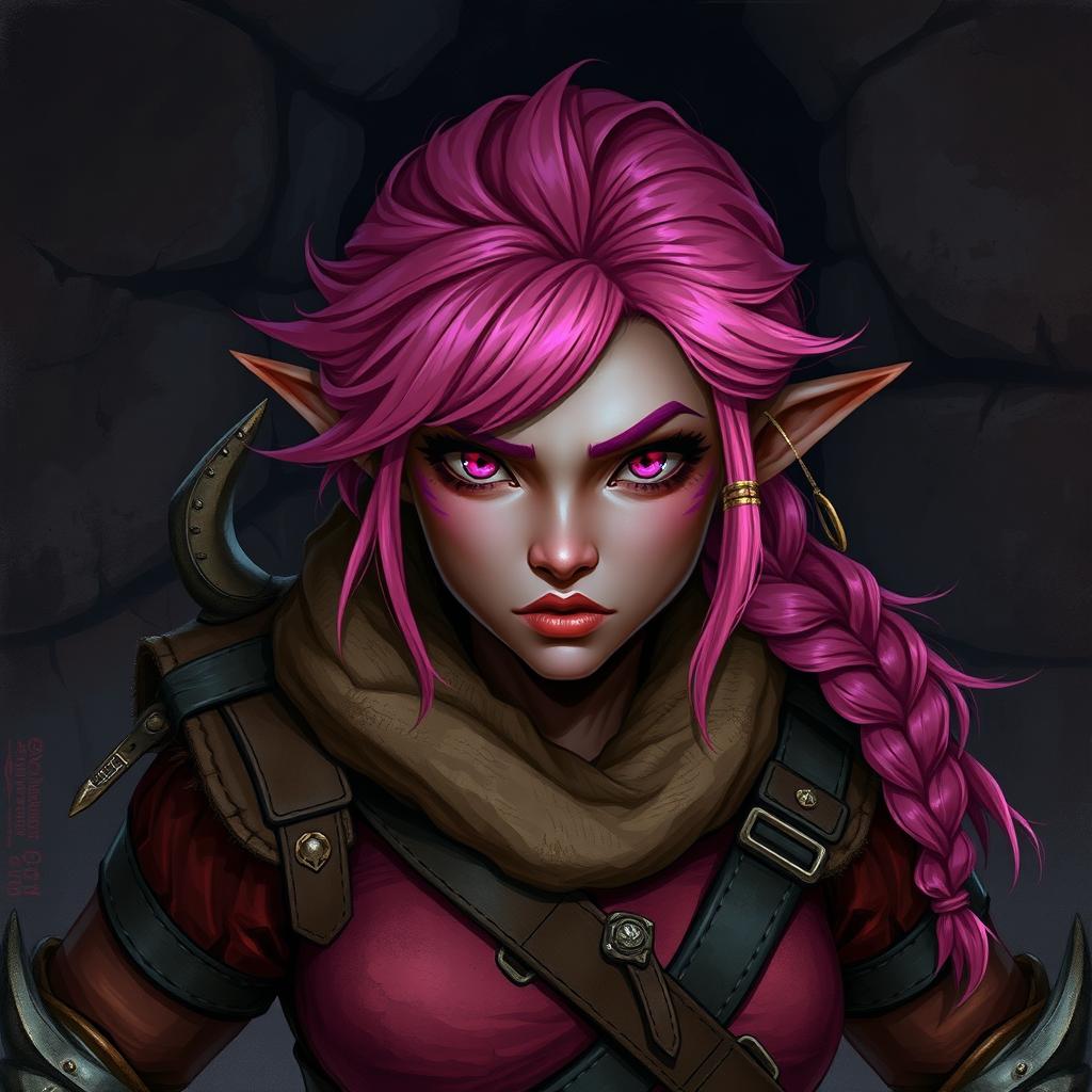 A strong female Dungeons & Dragons dwarf character with unique dark pink skin and vibrant pink hair