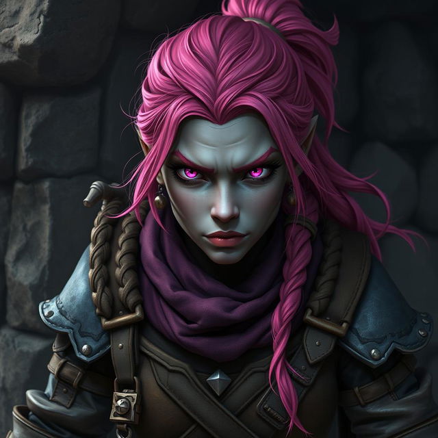 A strong female Dungeons & Dragons dwarf character with unique dark pink skin and vibrant pink hair