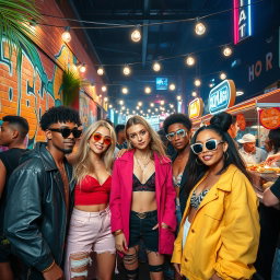 A stylish and trendy urban scene featuring a group of fashionable young adults enjoying a vibrant street party