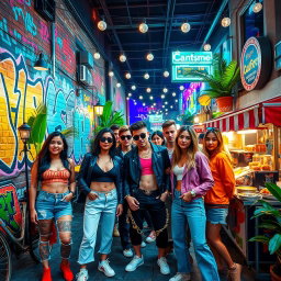 A stylish and trendy urban scene featuring a group of fashionable young adults enjoying a vibrant street party