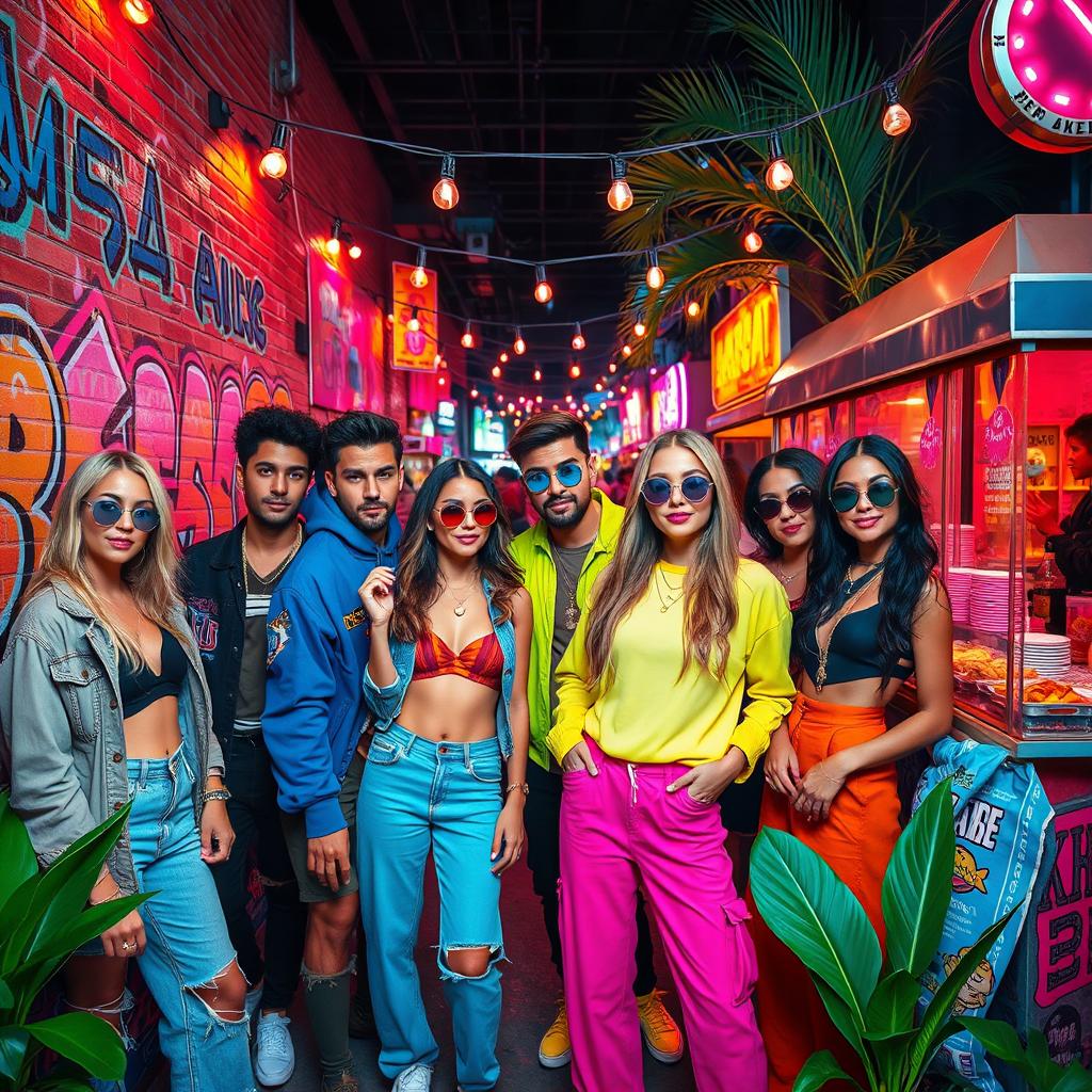 A stylish and trendy urban scene featuring a group of fashionable young adults enjoying a vibrant street party