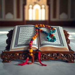 An open Quran resting on a beautifully carved wooden stand, showcasing intricate details on both the Quran and the stand
