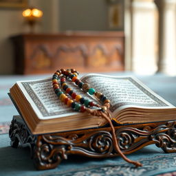 An open Quran resting on a beautifully carved wooden stand, showcasing intricate details on both the Quran and the stand