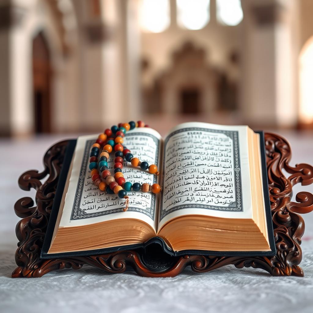 An open Quran resting on a beautifully carved wooden stand, showcasing intricate details on both the Quran and the stand