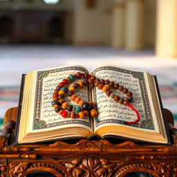 An open Quran resting on a beautifully carved wooden stand, showcasing intricate details on both the Quran and the stand