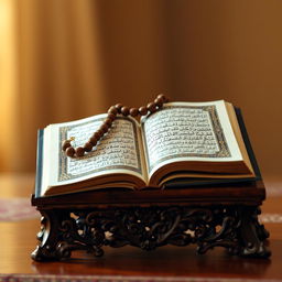An open Quran beautifully displayed on an intricate wooden stand, with a string of prayer beads delicately resting on top
