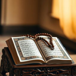 An open Quran beautifully displayed on an intricate wooden stand, with a string of prayer beads delicately resting on top