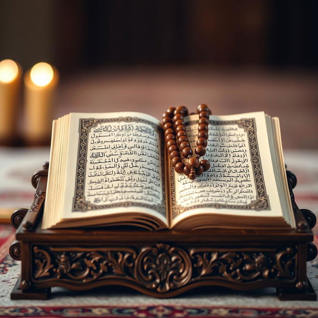 An open Quran beautifully displayed on an intricate wooden stand, with a string of prayer beads delicately resting on top
