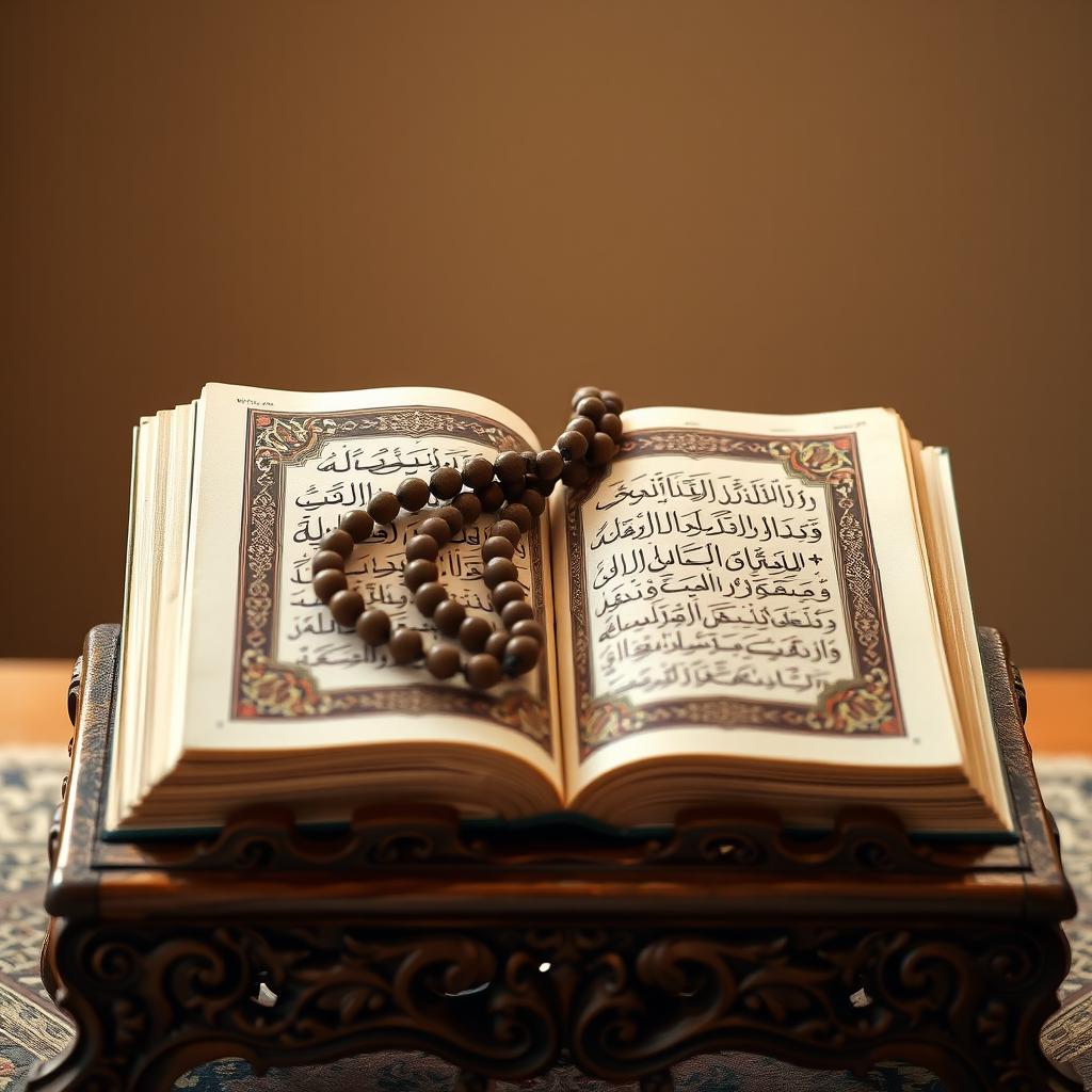 An open Quran beautifully displayed on an intricate wooden stand, with a string of prayer beads delicately resting on top