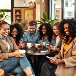 A vibrant scene depicting a diverse group of stylish young adults sitting together in a cozy café