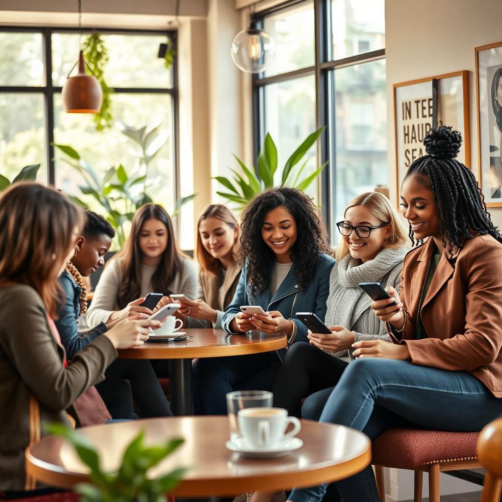 A vibrant scene depicting a diverse group of stylish young adults sitting together in a cozy café
