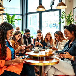 A vibrant scene depicting a diverse group of stylish young adults sitting together in a cozy café
