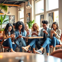 A vibrant scene depicting a diverse group of stylish young adults sitting together in a cozy café