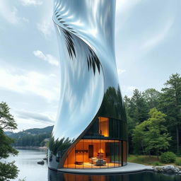 A stunning mirrored tower, featuring fluid and curved lines, proudly rising amidst the pristine nature south of a river